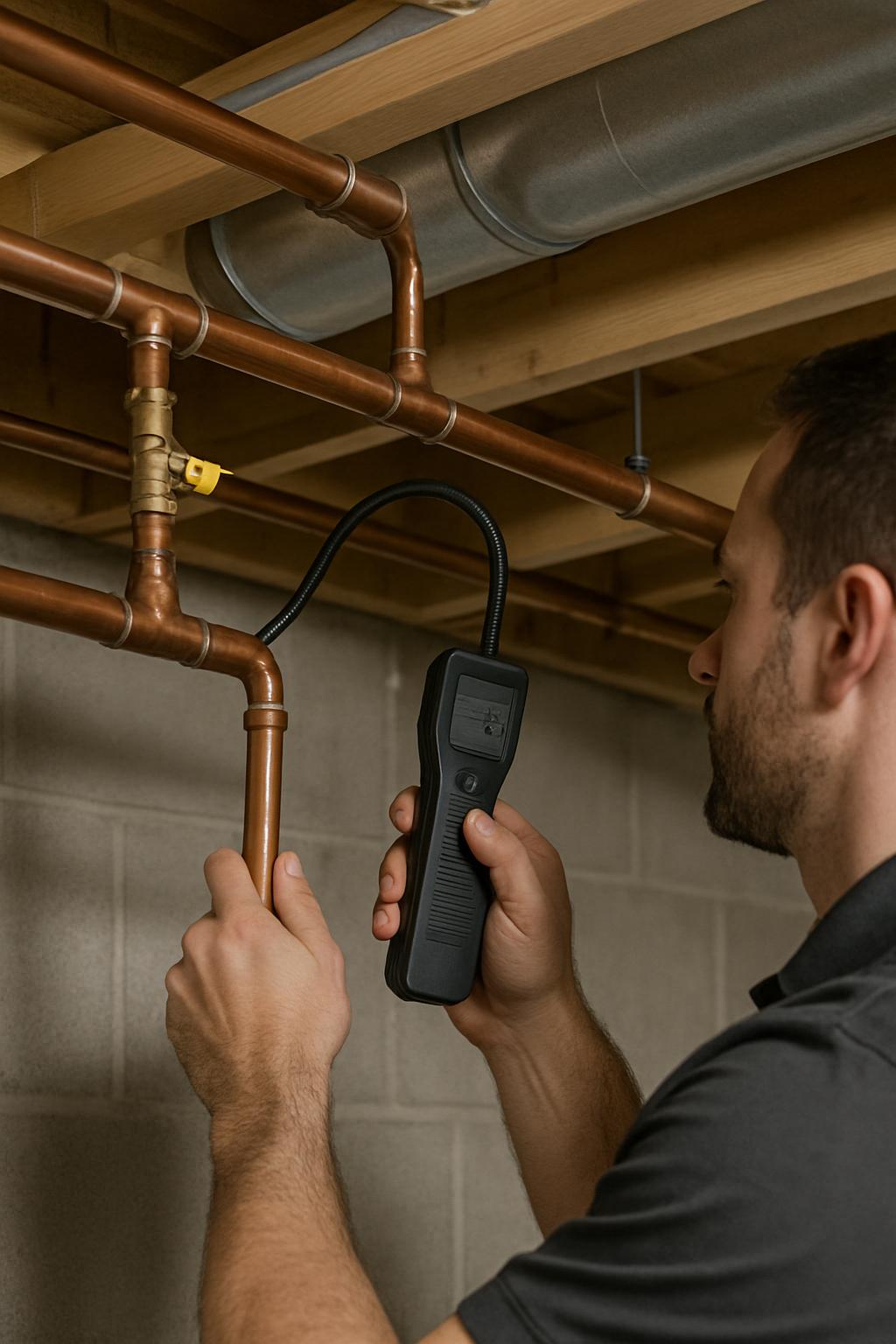 A man uses a leak detector to inspect copper pipes and a silver-colored pipe in an unfinished basement setting. The man, d...